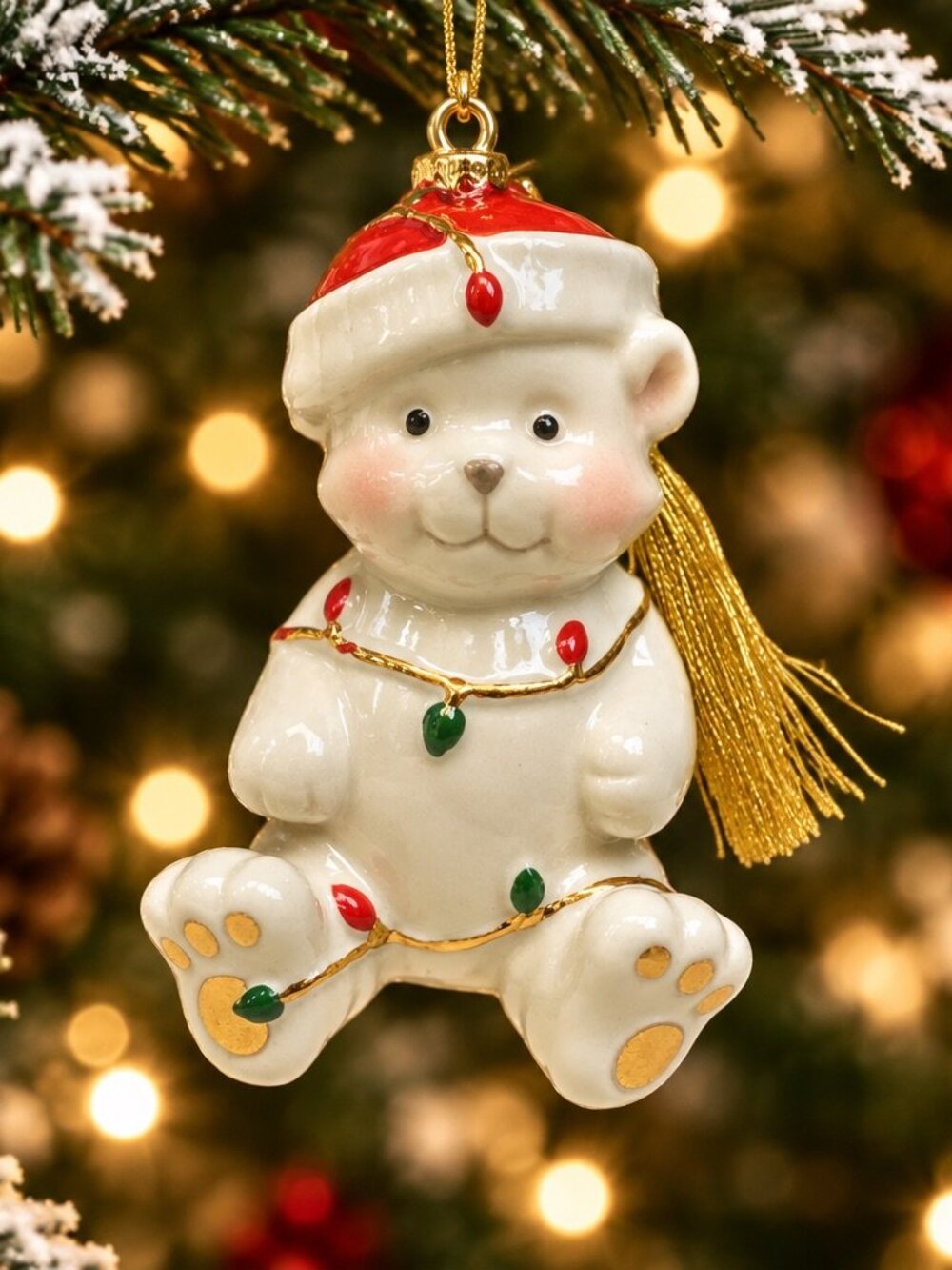 Lenox Christmas Teddy Bear Ornament With Lights Gold Accents & Box